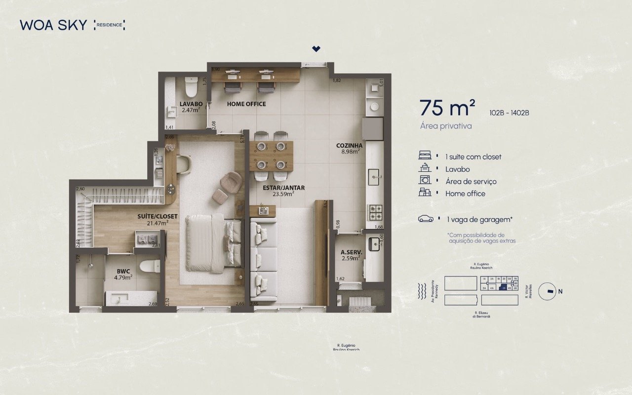 Apartamento[ NumeroQuarto] Campinas São José WOA Sky Residence: Planta humanizada apartamento final 02B - 1 su te (imagem ilustrativa - mobili rio n o inclu do)