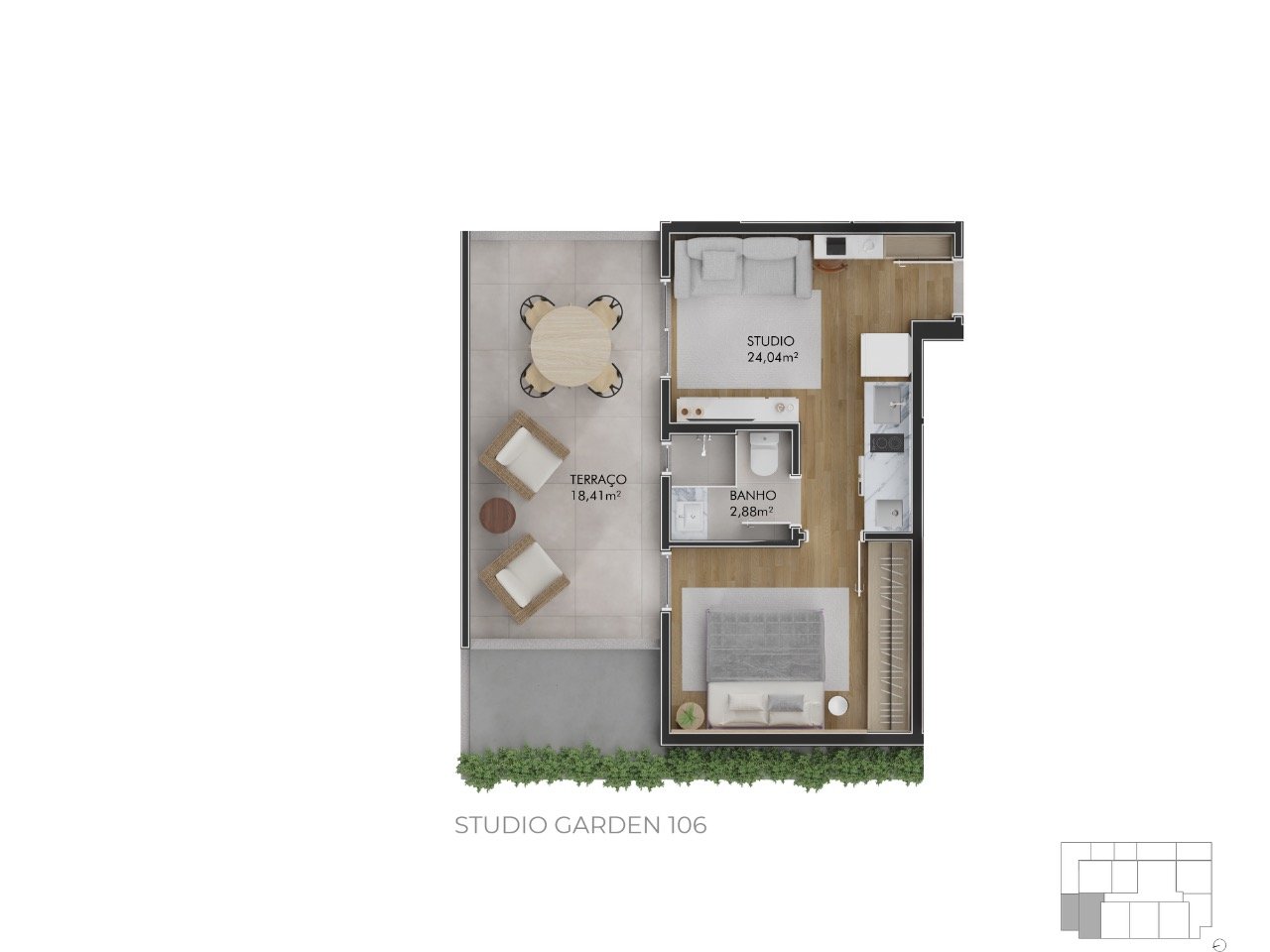 Estúdio[ NumeroQuarto] Centro Florianópolis Pace Studios: Planta humanizada garden final 6 - imagem ilustrativa, mobili rio n o inclu do