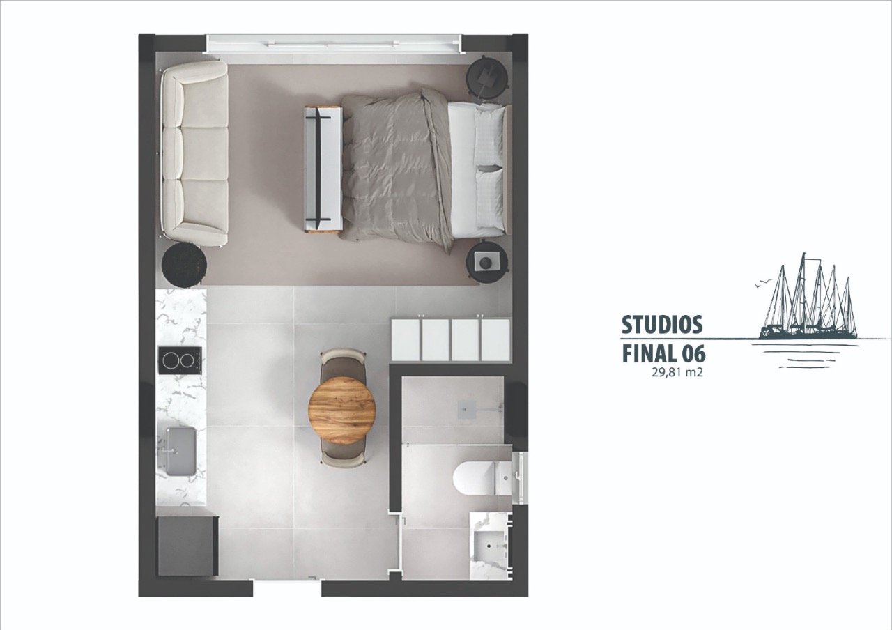 Estúdio[ NumeroQuarto] José Mendes Florianópolis Veleiros Sky: Planta humanizada final 6 - est dio (imagem ilustrativa - mobili rio e decora  o n o inclu dos)