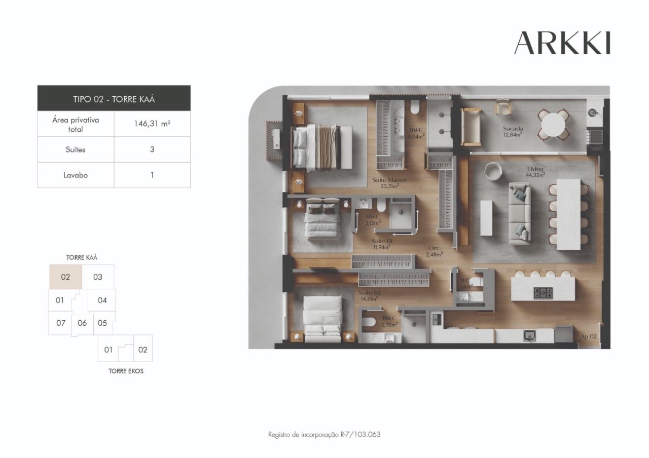 Apartamento[ NumeroQuarto] Centro Florianópolis Arkki: Planta humanizada final 02 Torre Ka  - imagem ilustrativa, mobili rio n o inclu do