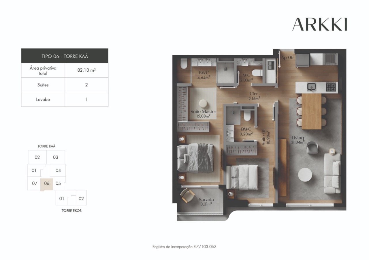 Apartamento[ NumeroQuarto] Centro Florianópolis Arkki: Planta humanizada final 06 Torre Ka  - imagem ilustrativa, mobili rio n o inclu do