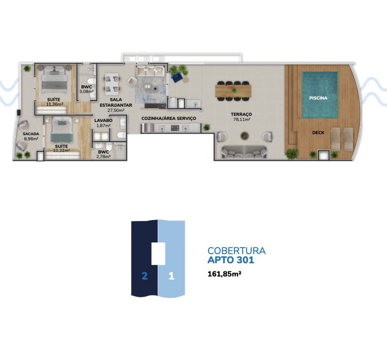 Cobertura[ NumeroQuarto] Morro das Pedras Florianópolis Wave Residencial: Planta humanizada cobertura 301 Torre B (imagem ilustrativa - mobili rio n o inclu do)
