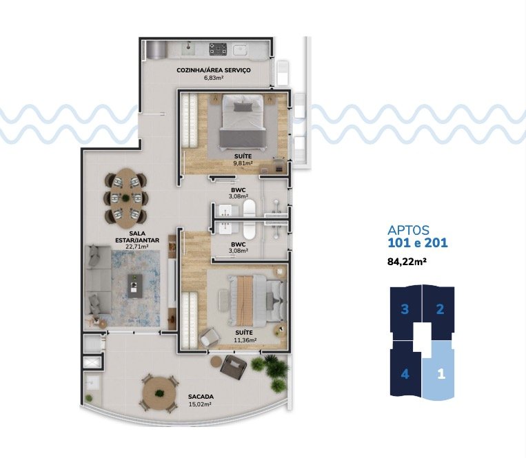 Apartamento[ NumeroQuarto] Morro das Pedras Florianópolis Wave Residencial: Planta humanizada final 01 Torre B (imagem ilustrativa - mobili rio n o inclu do)