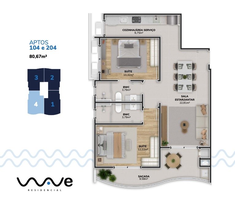 Apartamento[ NumeroQuarto] Pântano do Sul Florianópolis Wave Residencial: Planta humanizada final 04 Torre A (imagem ilustrativa - mobili rio n o inclu do)