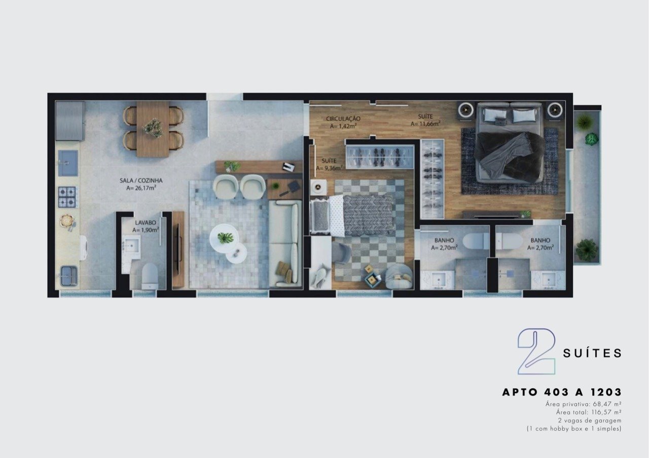 Apartamento[ NumeroQuarto] Centro Florianópolis Aracy Rupp Bulcão Vianna: Planta humanizada final 03 - 2 su tes (imagem ilustrativa - mobili rio e decora  o n o inclu dos)