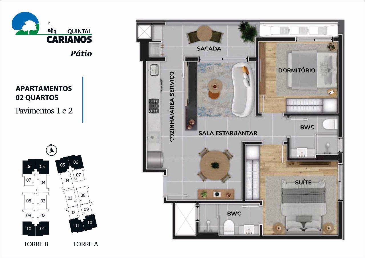 Apartamento[ NumeroQuarto] Carianos Florianópolis Quintal Carianos - Pátio: Planta humanizada final 1 - 2 quartos (imagem ilustrativa - mobili rio e decora  o n o inclu dos)