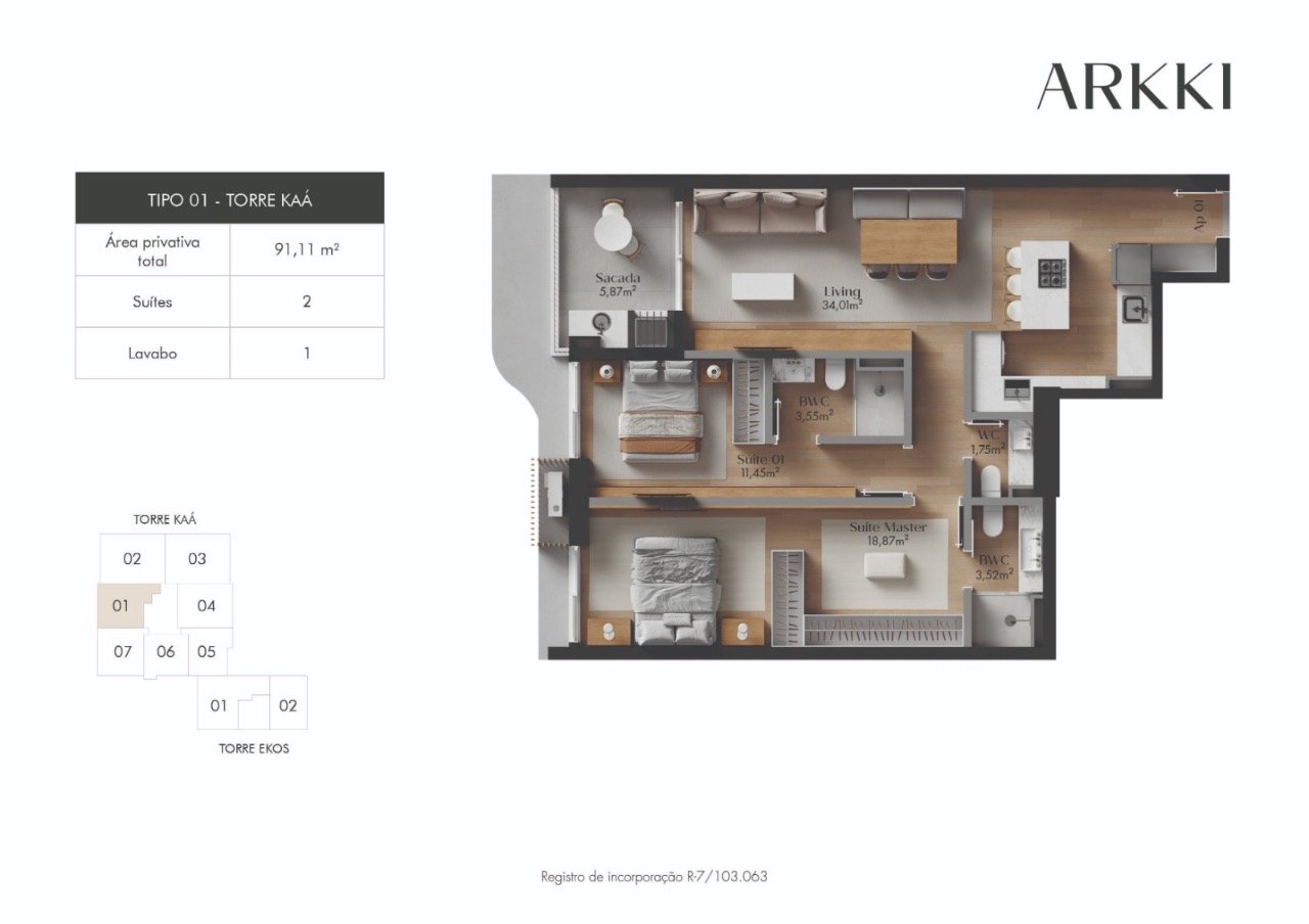 Apartamento[ NumeroQuarto] Centro Florianópolis Arkki: Planta humanizada final 01 Torre Ka  - imagem ilustrativa, mobili rio n o inclu do