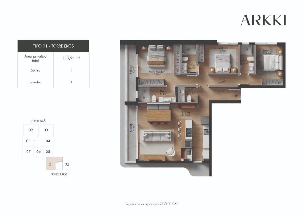 Apartamento[ NumeroQuarto] Centro Florianópolis Arkki: Planta humanizada final 01 Torre Ekos - imagem ilustrativa, mobili rio n o inclu do