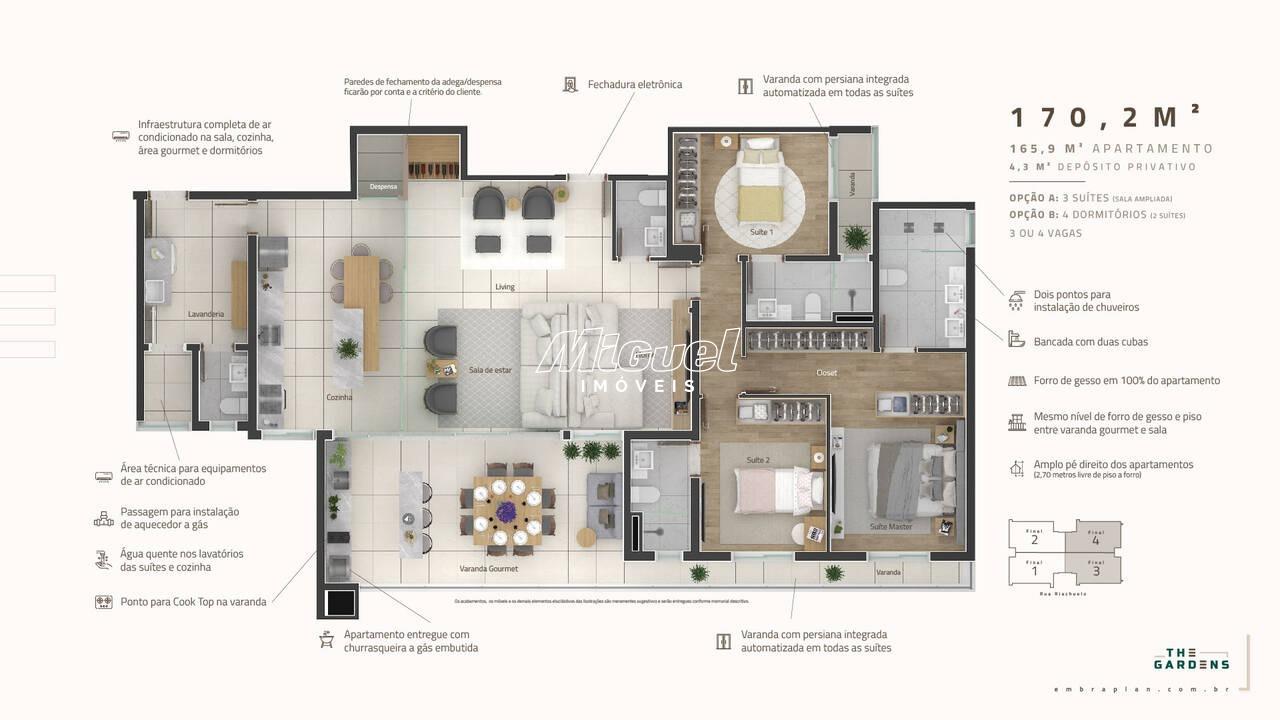 Apartamento à venda no Jardim Elite: Planta 170,2 m² - 3 suítes (sala ampliada) ou 4 dormitórios sendo 02 suítes